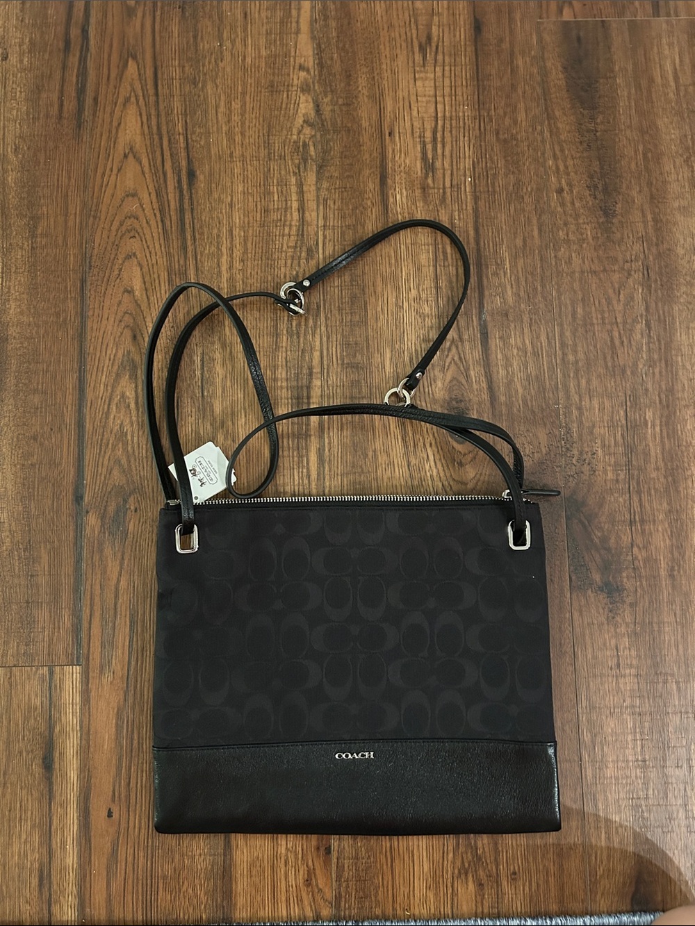 Coach Black Signature Canvas Shoulder Bag with Leather Trim